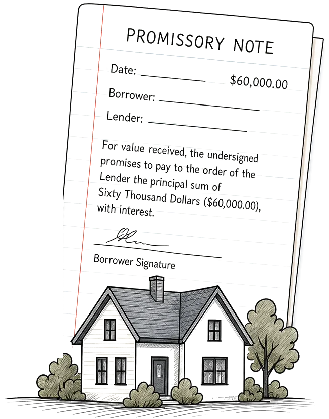 Hand-drawn promissory note beside a house
