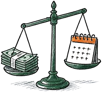 Balance scales weighing cash against a calendar